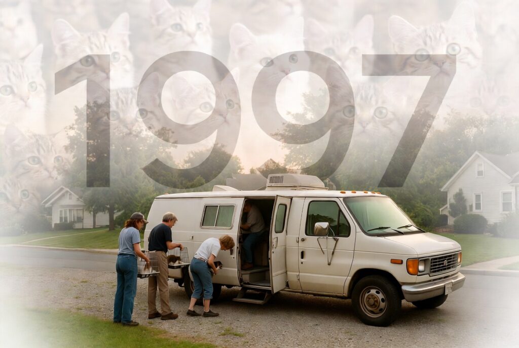 Founders and early team of Tait’s Every Animal Matters (TEAM) in 1997 loading cats into the original small 22-foot mobile spay/neuter clinic van in a Connecticut neighborhood
