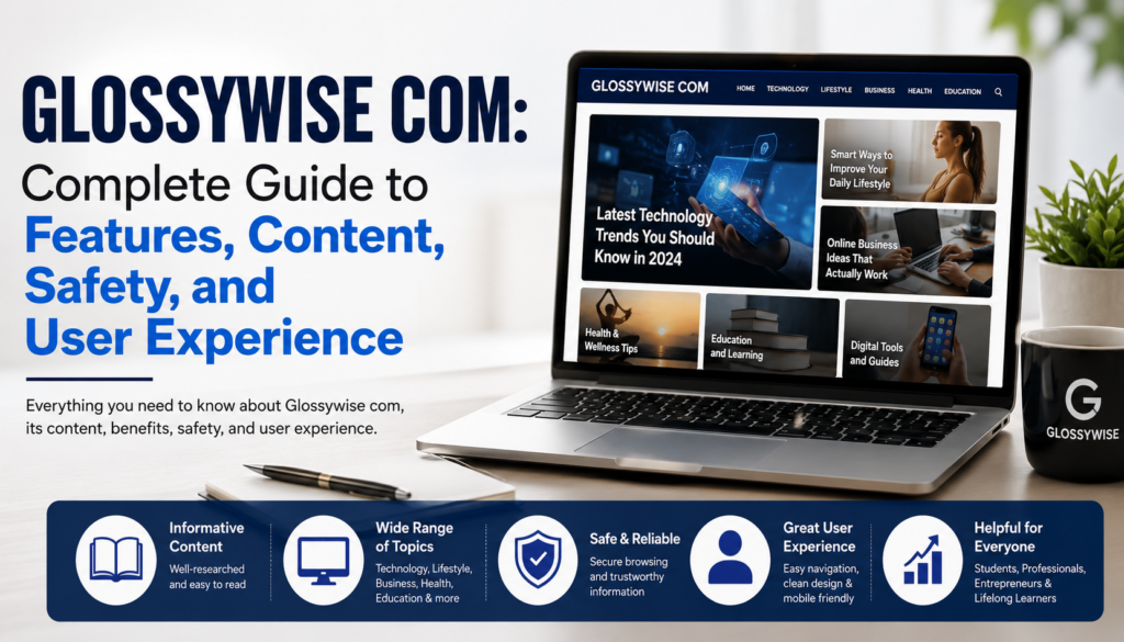 Glossywise com homepage illustration showing digital articles, lifestyle content, technology, and online resources