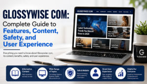 Glossywise com homepage illustration showing digital articles, lifestyle content, technology, and online resources