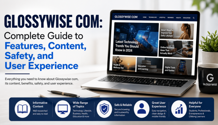 Glossywise com homepage illustration showing digital articles, lifestyle content, technology, and online resources