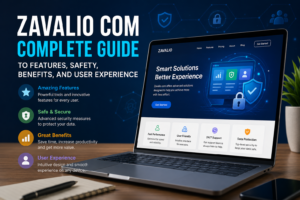 Modern digital workspace showing Zavalio com on a laptop with secure online service icons and technology graphics.