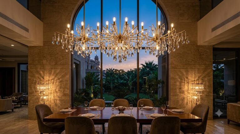 Grand modern crystal chandelierium with brushed brass arms suspended in a luxury high-ceiling room